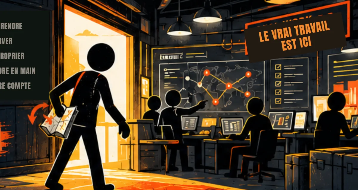 Une silhouette franchit une porte lumineuse, carte à la main, vers une salle de contrôle sous une enseigne qui dit : le vrai travail est ici.