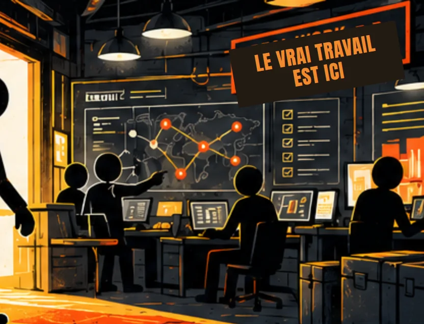 Une salle de contrôle derrière une porte lumineuse, sous une enseigne qui dit : le vrai travail est ici.