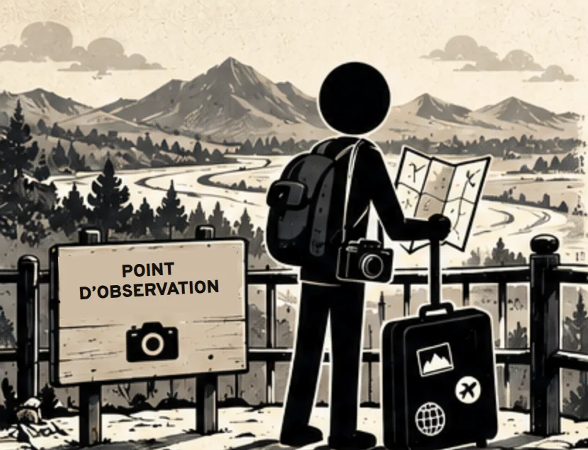 Une touriste avec une valise et une carte regarde la vue à un point d’observation.