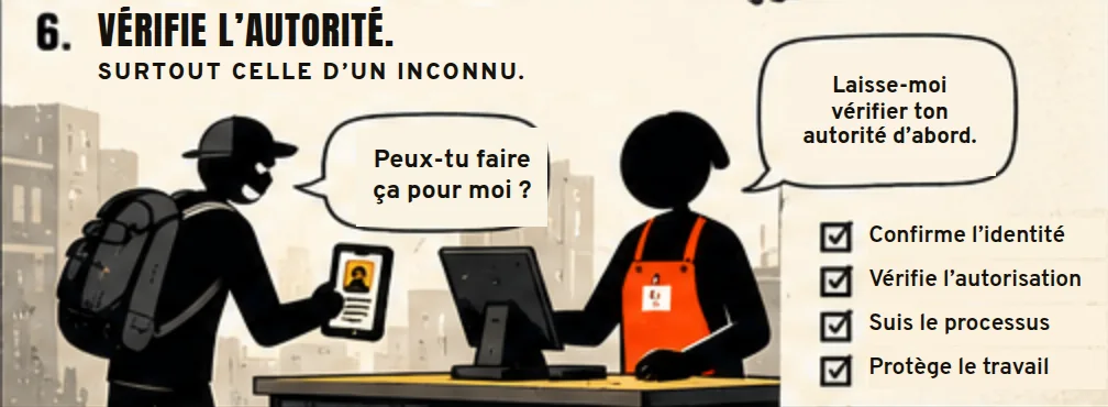 Un inconnu montre un badge et demande à une caissière : peux-tu faire ça pour moi ? Elle répond : laisse-moi vérifier ton autorité d’abord.