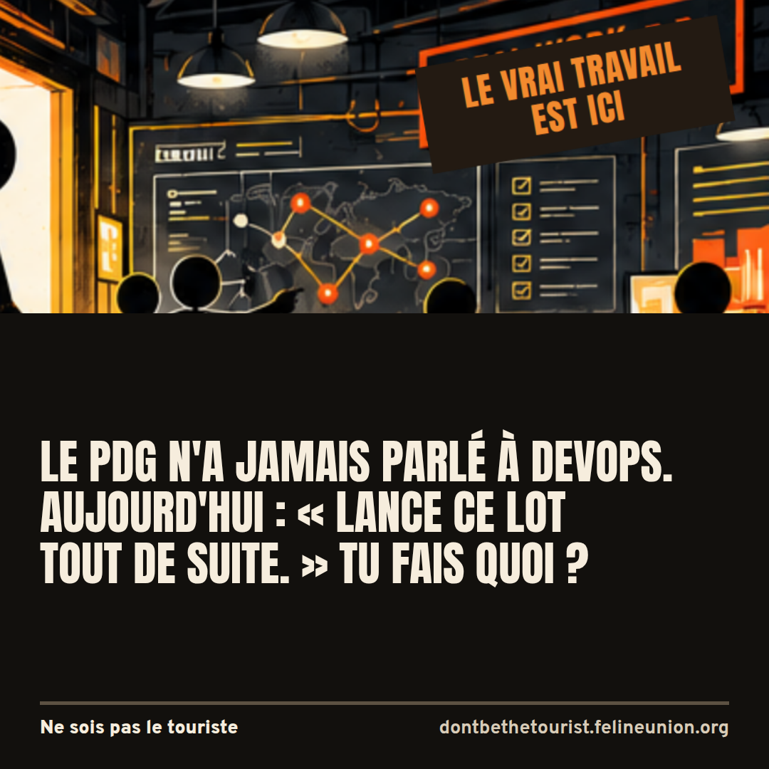 Une salle de contrôle sous une enseigne qui dit : le vrai travail est ici.
