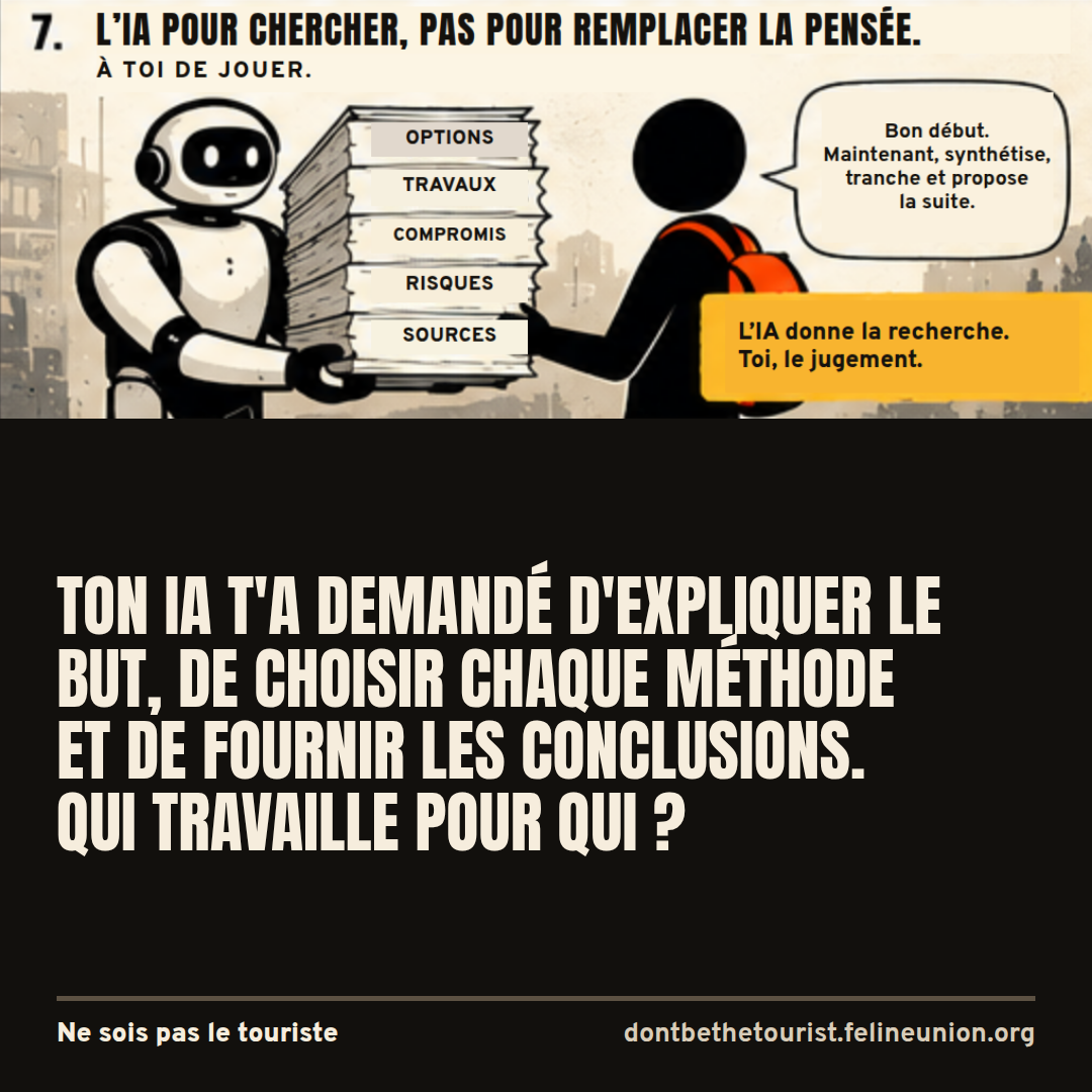 Un robot remet une pile de recherche à une personne. L’IA donne la recherche, toi, le jugement.