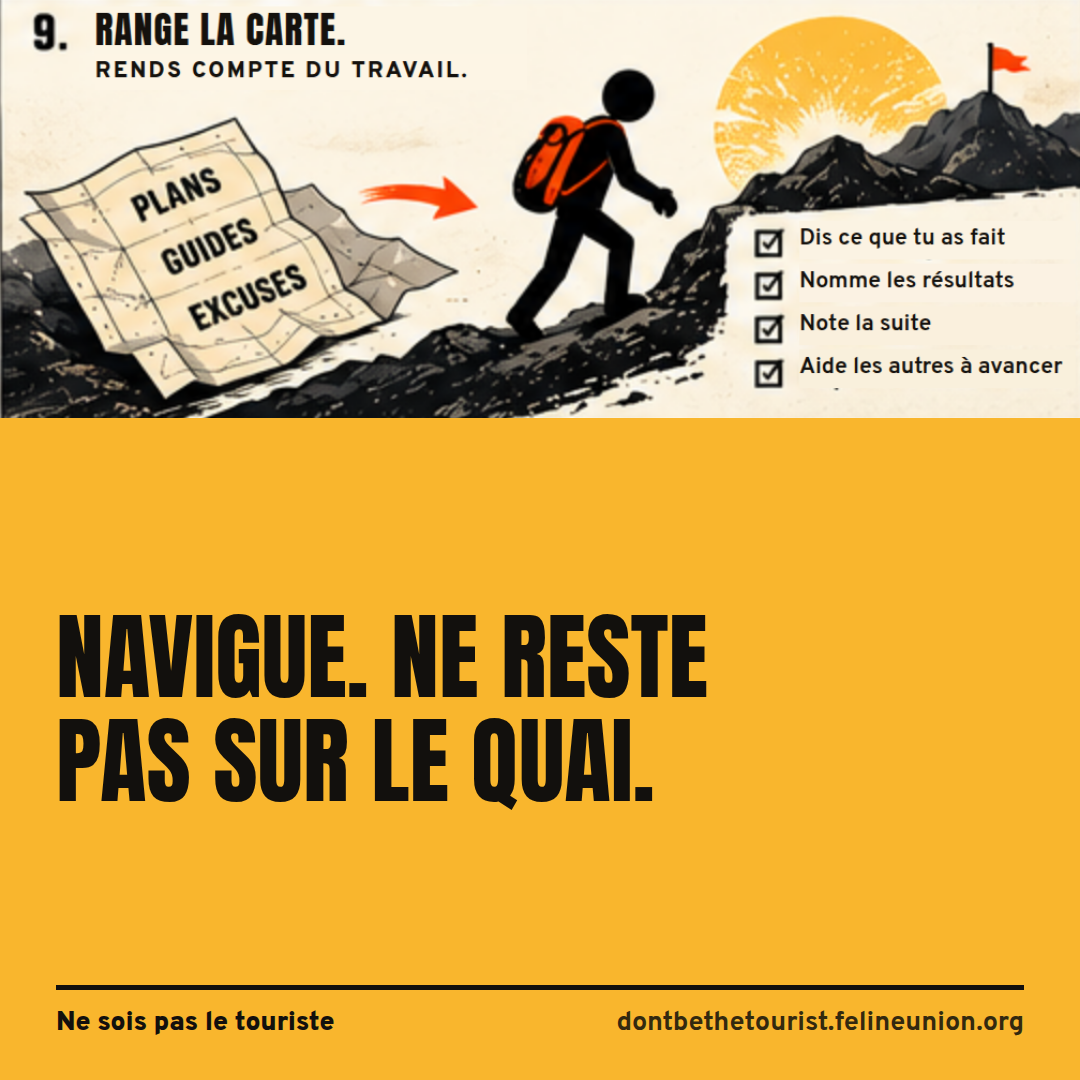 Une carte marquée plans, guides, excuses reste derrière pendant qu’une randonneuse grimpe vers un drapeau.