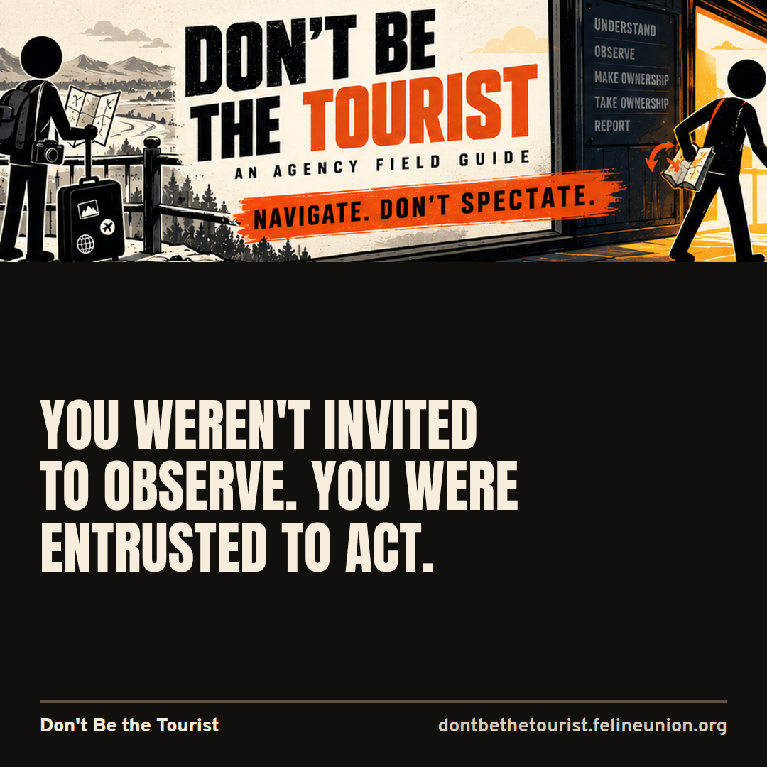 A tourist with a question-mark map stands beside a delegate walking a marked route, with the line: You weren't invited to observe. You were entrusted to act.