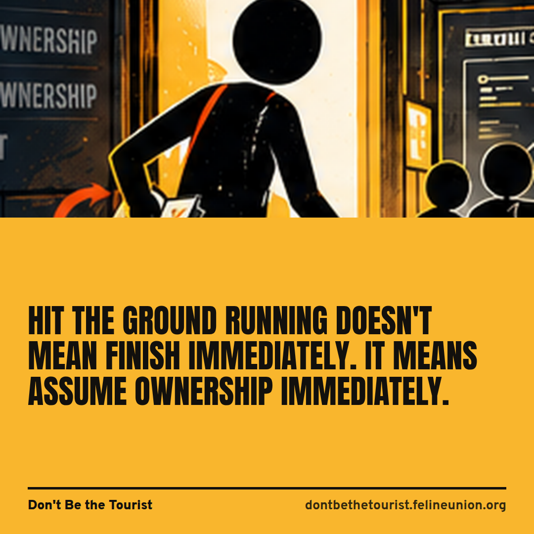 A stick figure running along a dashed route, with the line about assuming ownership immediately.