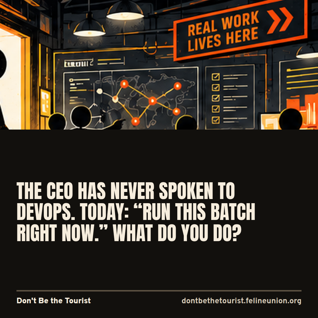 A CEO stick figure shouting Run it at an engineer holding a terminal, with the question: what do you do?