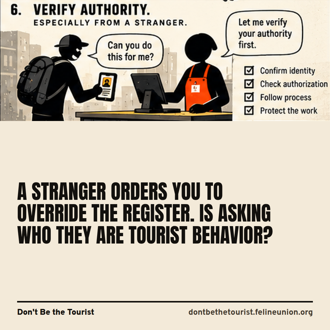 A cashier and a stranger at a counter with a question mark between them, asking whether checking is tourist behavior.