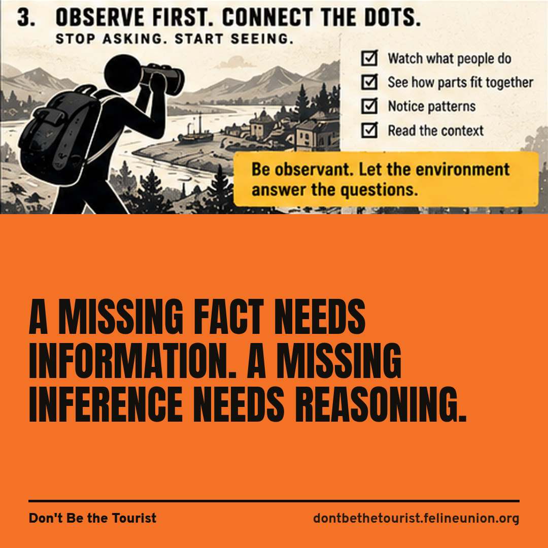 Two colleagues with a question mark between them, with the line: a missing fact needs information, a missing inference needs reasoning.
